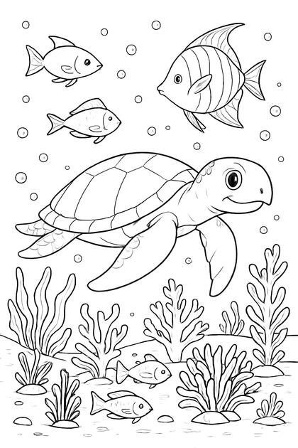 Tortue marine Tortue marine à colorier nageant parmi les poissons.