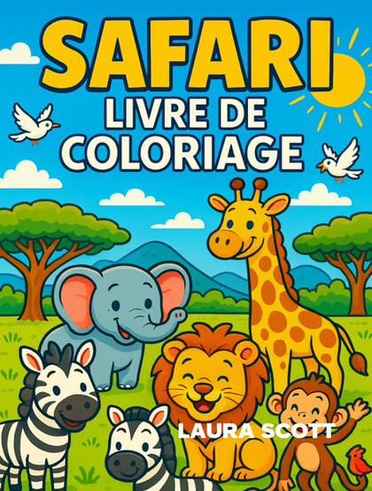Livre de coloriage enfant Safari Couverture du livre de coloriage pour enfants Safari avec des animaux de la savane africaine.