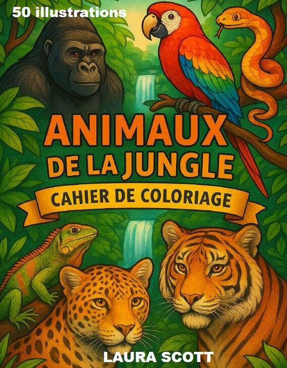 Livre de coloriage enfant Jungle Jungle Couverture du livre de coloriage pour enfants Les Animaux de la Jungle avec des animaux sauvages.
