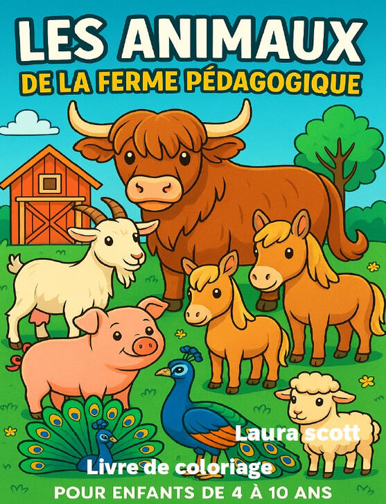 Livre de coloriage Ferme Pédagogique Couverture du livre de coloriage éducatif Les Animaux de la Ferme Pédagogique avec différents animaux de la ferme.