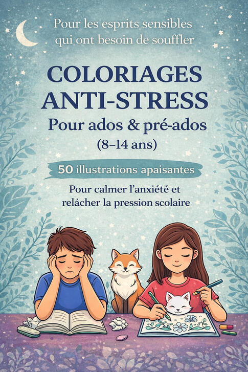 Livre de coloriage anti-stress ados Couverture du livre de coloriage anti-stress pour ados et pré-ados avec des illustrations relaxantes.