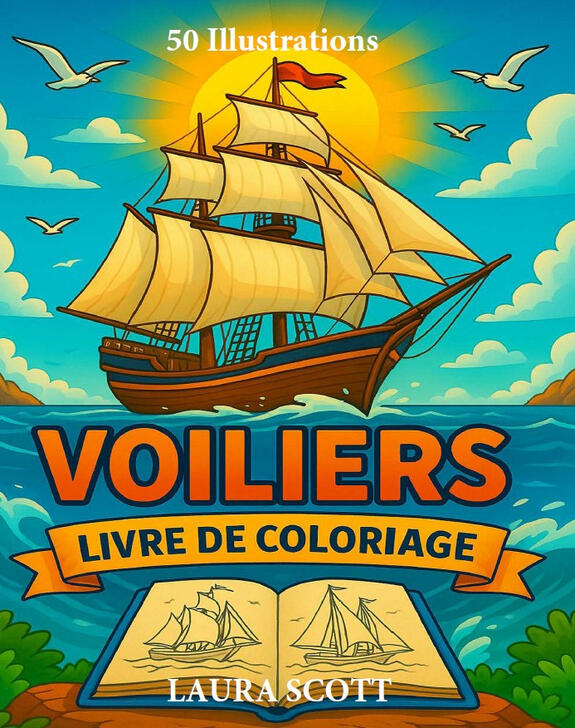 Livre de coloriage Voiliers Couverture du livre de coloriage pour enfants Voiliers avec différents voiliers et bateaux à voile.