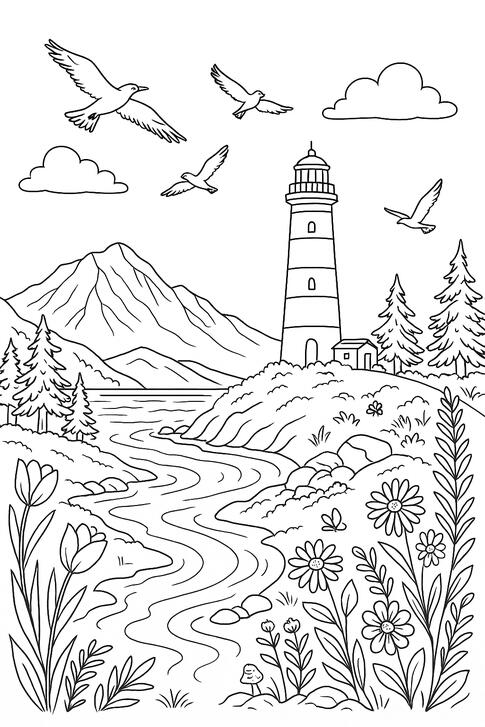Phare au bord de la mer Illustration de coloriage représentant un phare près d'une rivière et des montagnes.