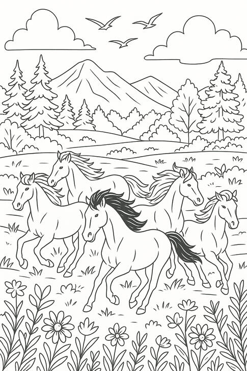 Chevaux dans une prairie Illustration de coloriage représentant deux chevaux dans une prairie fleurie avec des montagnes en arrière-plan.