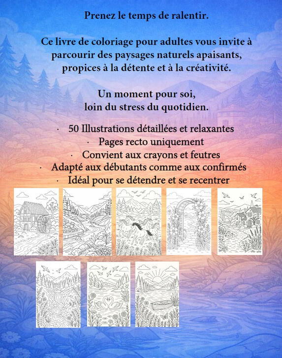 Présentation Nature & Paysages Page de présentation du livre Nature & Paysages avec plusieurs paysages naturels à colorier.