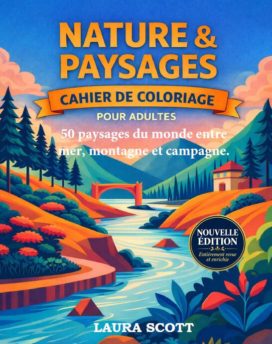 Livre de coloriage adulte Nature & Paysages Couverture du livre de coloriage pour adultes Nature & Paysages avec un paysage de montagne et une rivière.
