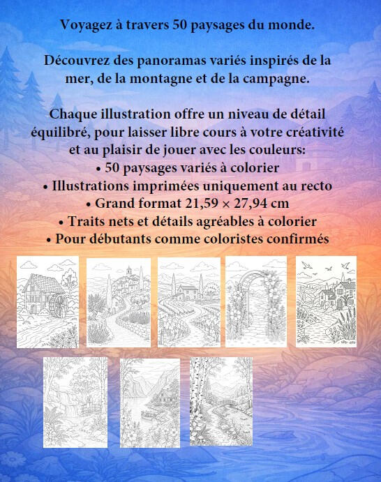 Présentation Nature & Paysages Page de présentation du livre Nature & Paysages avec plusieurs paysages naturels à colorier.