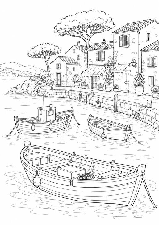 port mediterrannéen Illustration de coloriage représentant un port mediterrannéen