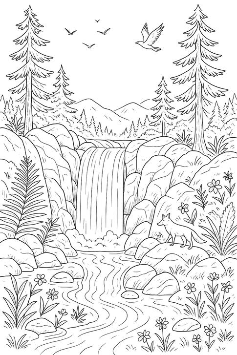 Cascade en montagne Illustration de coloriage représentant une cascade au cœur d'un paysage naturel.