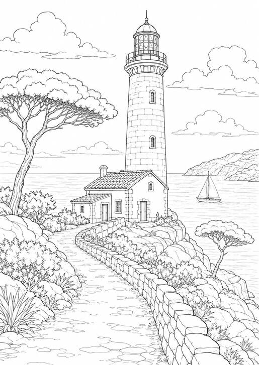 Phare au bord de la mer Illustration de coloriage représentant un phare près d'une rivière et des montagnes.