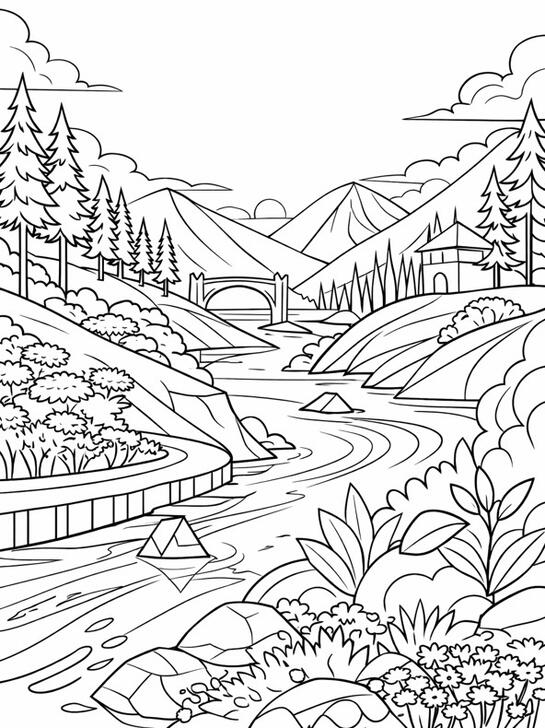 Rivière de montagne Illustration de coloriage représentant une rivière traversant un paysage de montagne.