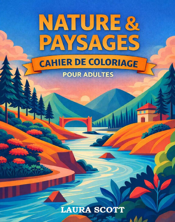 Livre de coloriage adulte Nature & Paysages Couverture du livre de coloriage pour adultes Nature & Paysages avec un paysage de montagne et une rivière.