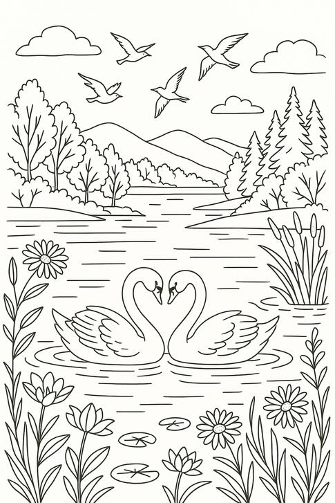 Cygnes sur un lac Illustration de coloriage représentant deux cygnes nageant sur un lac entouré de nature.
