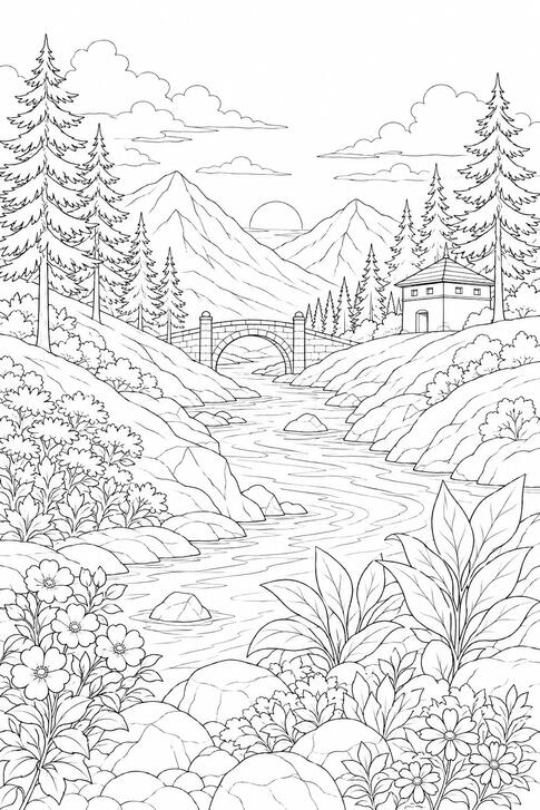 Rivière de montagne Illustration de coloriage représentant une rivière traversant un paysage de montagne.